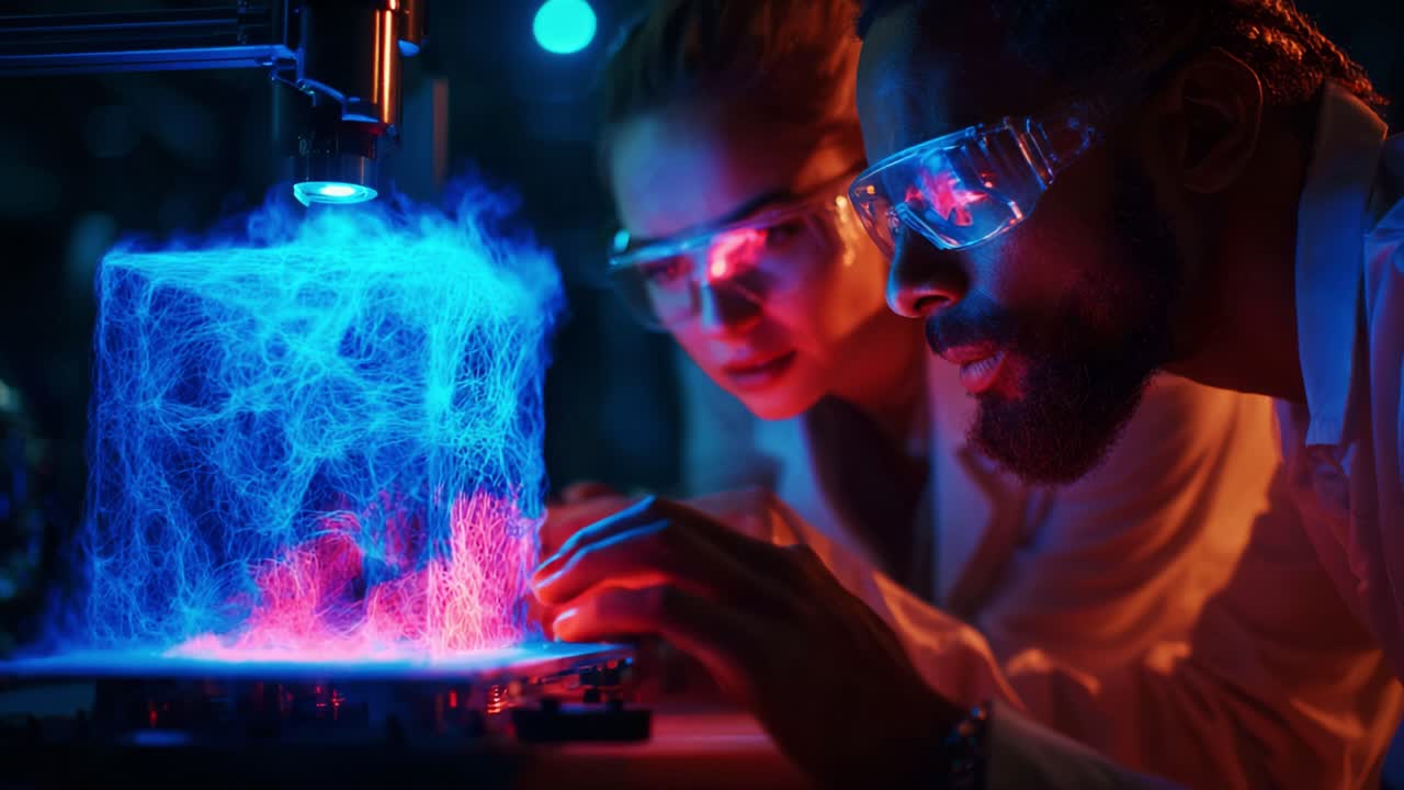 Scientists Engaged in Groundbreaking Research on Plasma Dynamics, Illuminating Stunning Blue and Red Abstract Waves in a Laboratory Setting, Showcasing Innovative Technology and Collaboration