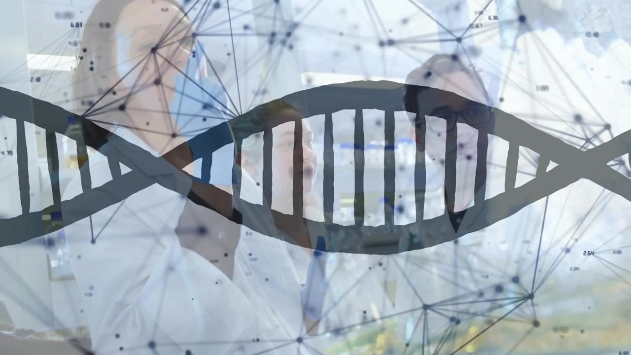 Forskere samarbejder i laboratorium med digitalt DNA-overlay