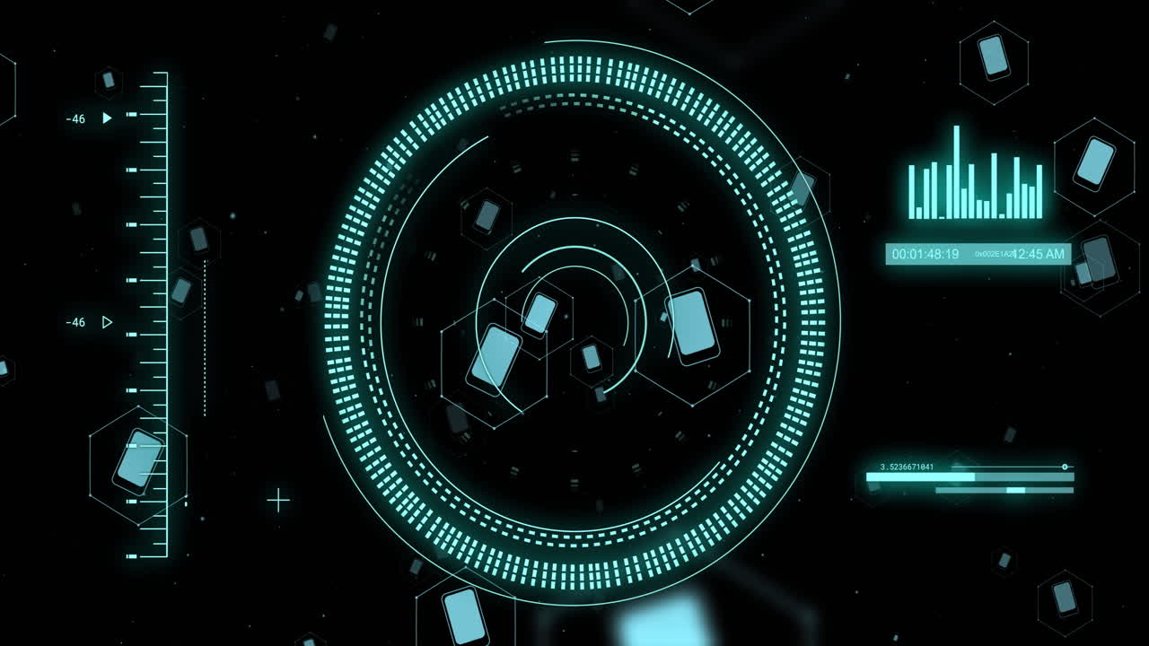 Rotating circles and floating geometric shapes in futuristic digital interface animation