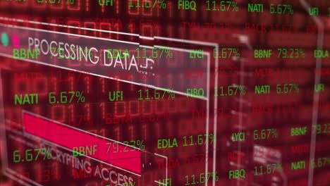 animation of stock market data processing and interface with binary coding against red background