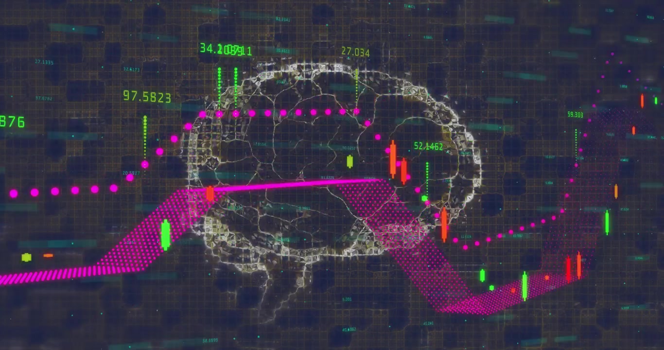 Scene opening with wireframe brain emerging, candlesticks forming and matrix rising for analytics