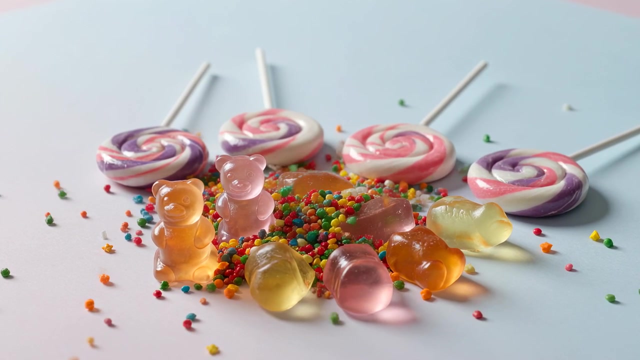 Beyaz masa üzerinde jelibonları serpmeye başlayan ve pastel girdap lolipoplarını kaplayan serpme akışı.