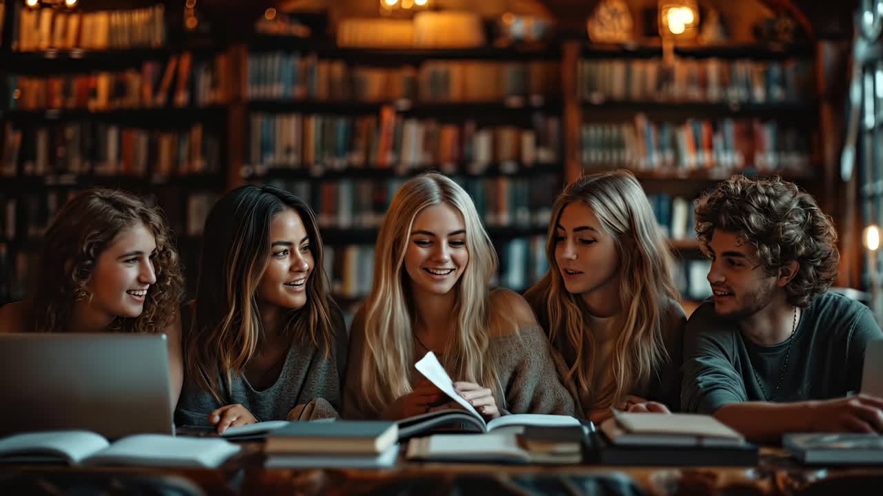 Cozy library study group. Five students gather in a warm library setting, sharing smiles as they study and engage in discussion