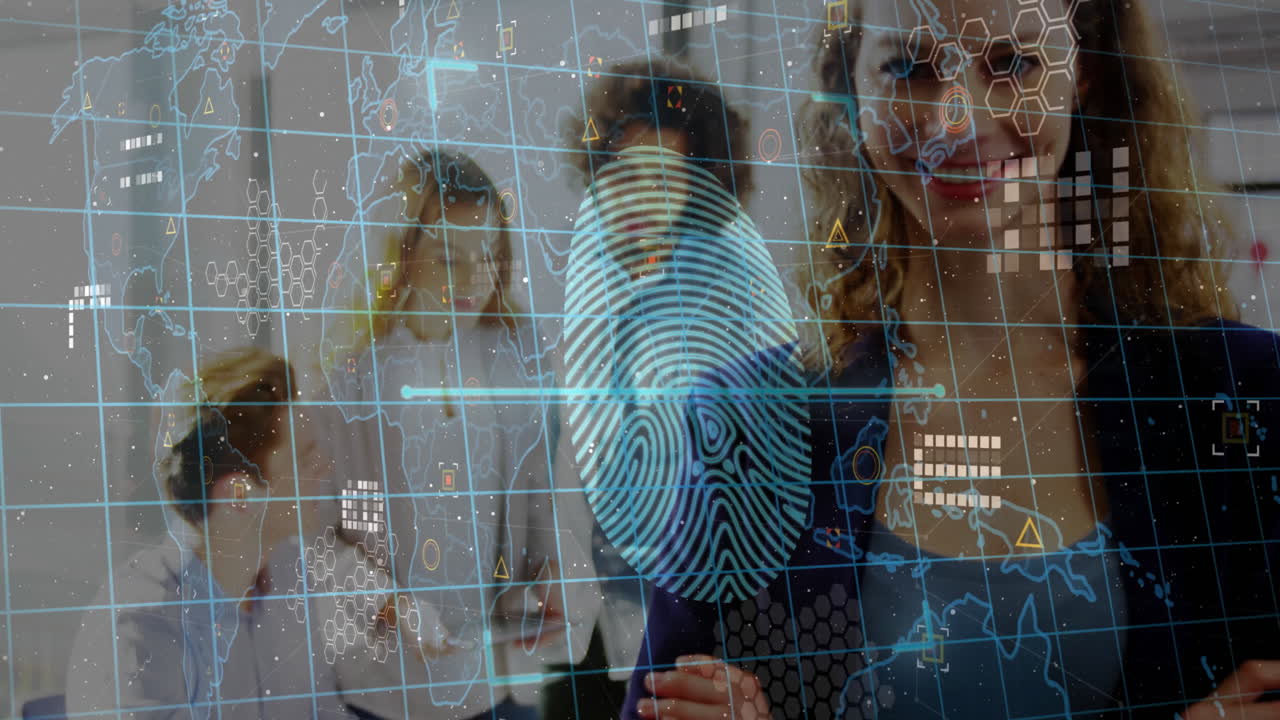 animación del mapa del mundo y huellas dactilares sobre diversas personas de negocios discutiendo el trabajo en la oficina