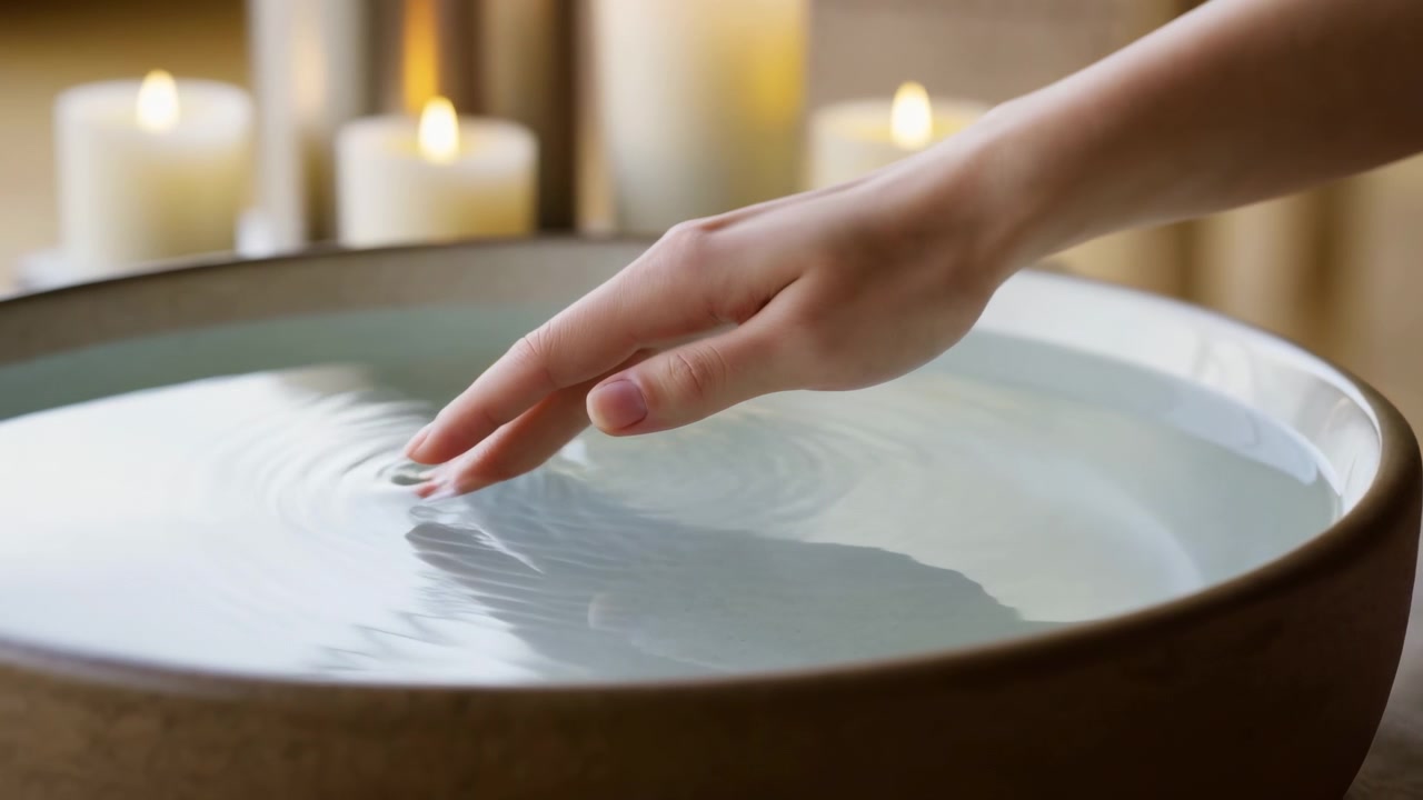 Närbild visar en smal hand som rör sig långsamt över vattenytan när fingertopparna rör vid och stör reflektionen, vilket skickar ut cirkulära krusningar över en bred skål medan suddiga ljuslågor glöder bakom.