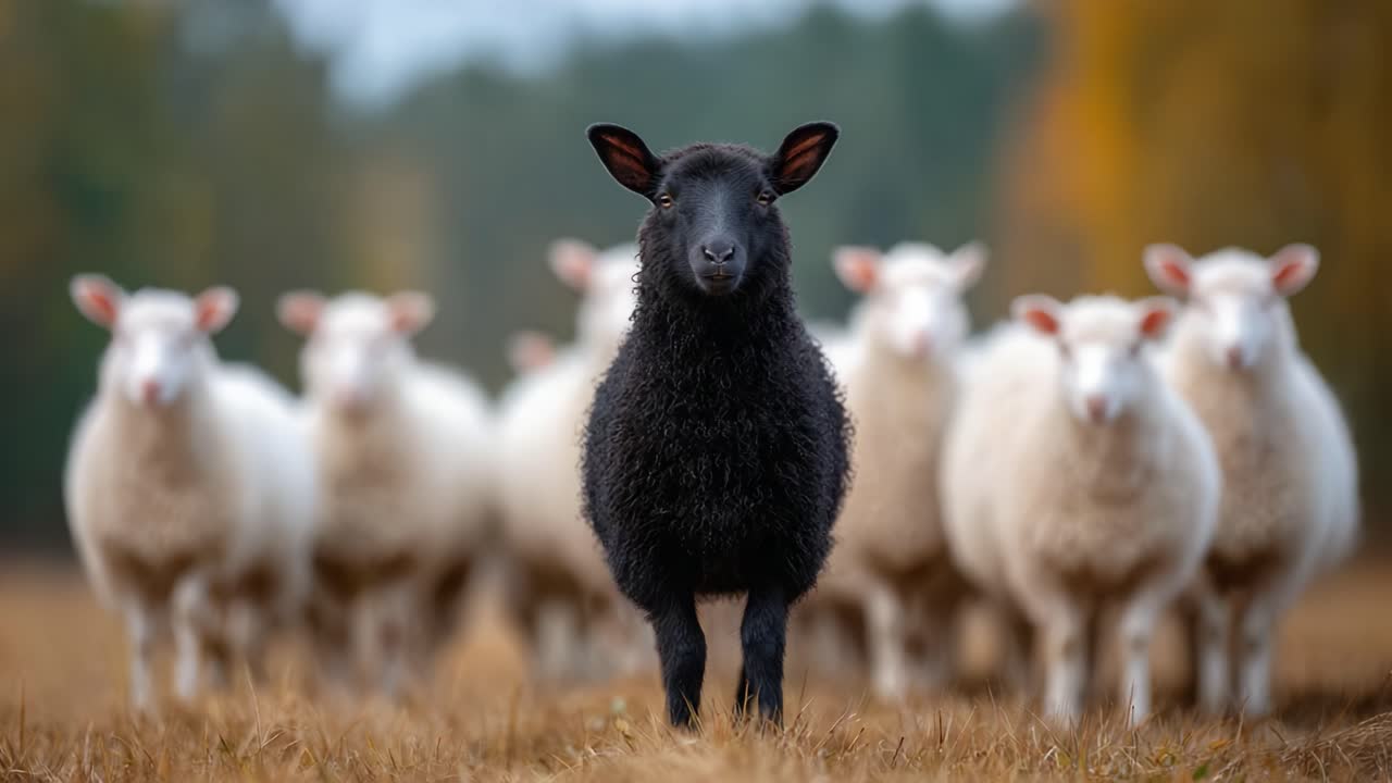 A striking black sheep stands confidently in front of a herd of white sheep, showcasing its unique appearance against a blurred autumn backdrop