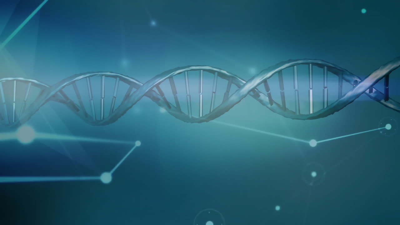 Animazione di rete di connessioni su filamento di DNA su sfondo blu
