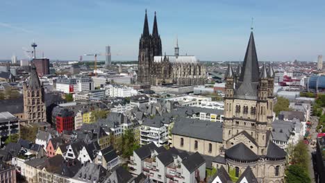 aerial cityscape over old town of cologne city downtown with city hall and cathedral dom