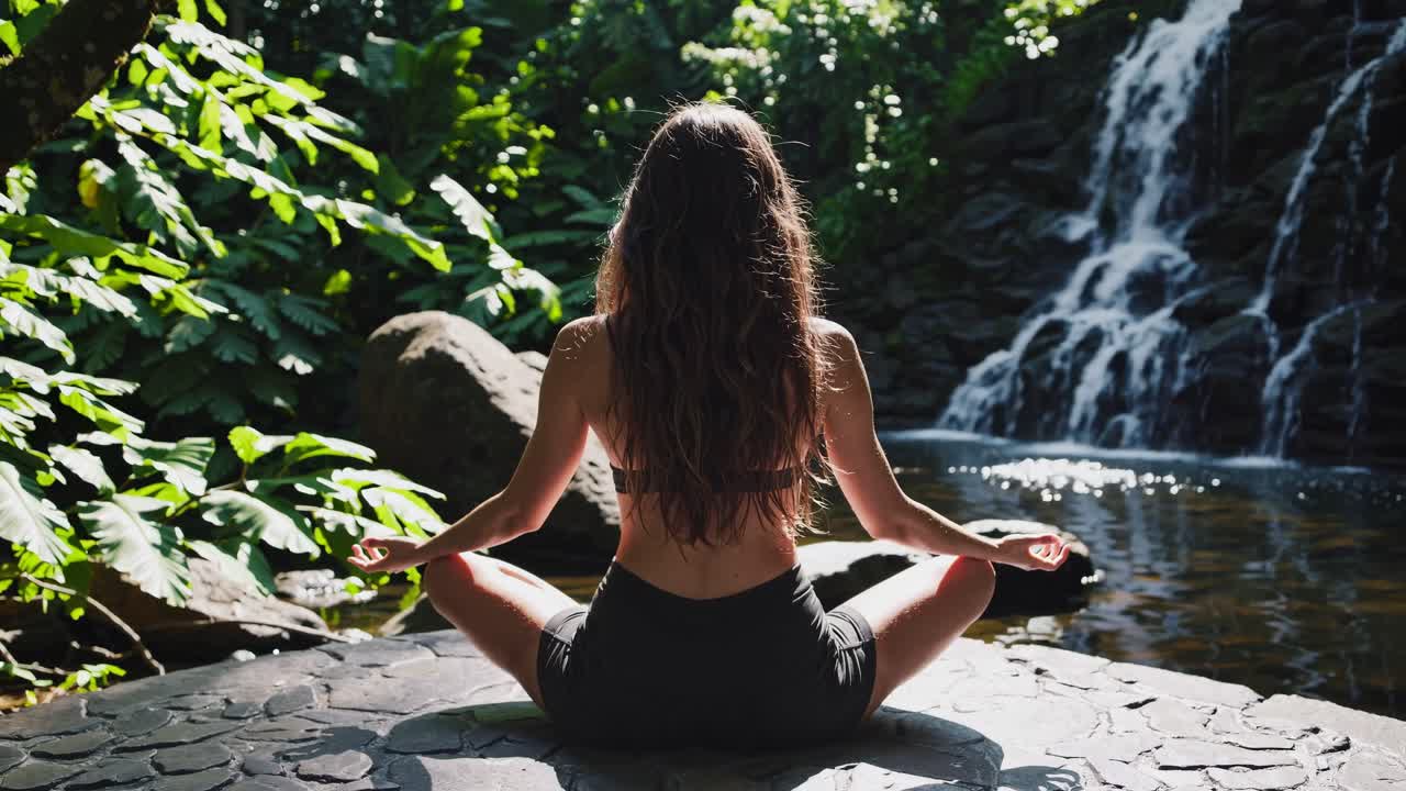 A serene video scene of a woman meditating by a waterfall. Captured from behind at a low angle