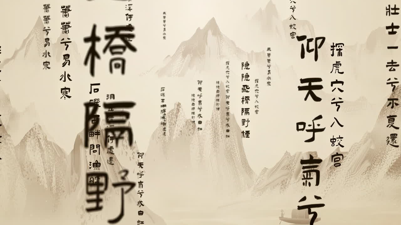 Traditional Chinese Ink Wash Landscape with Calligraphy and Boat