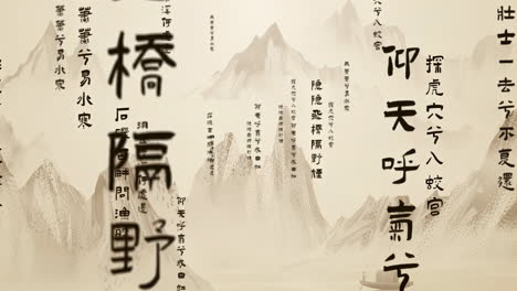 traditional chinese ink wash landscape with calligraphy and boat
