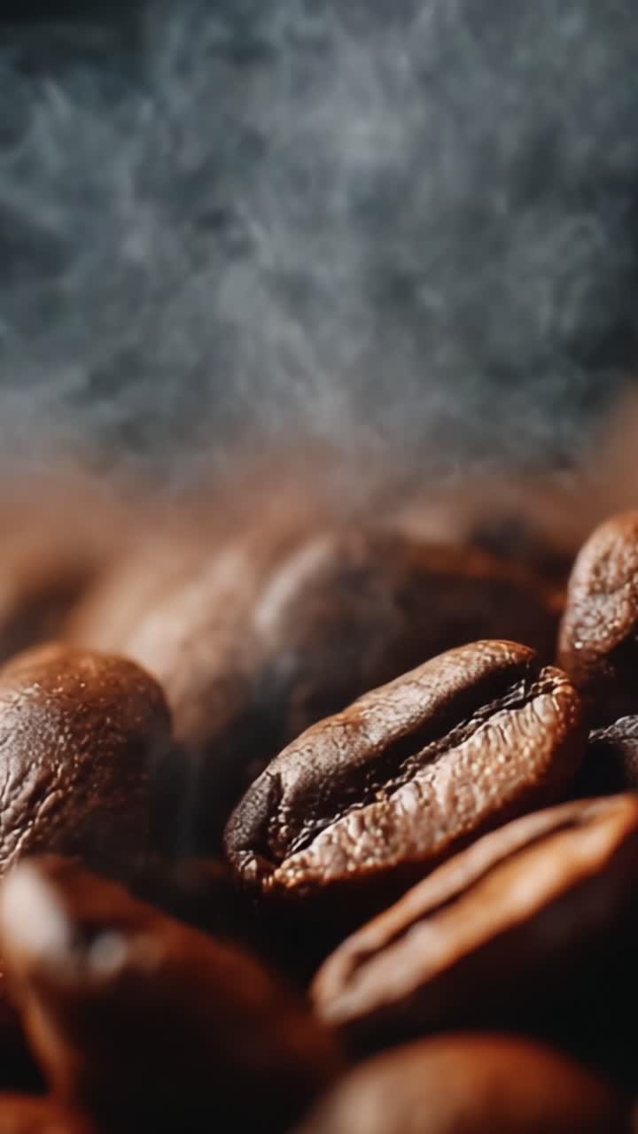 En nærbillede udforskning af rige, aromatiske kaffebønner: Oplev de unikke teksturer og den subtile damp, der stiger fra deres dybbrune overflader