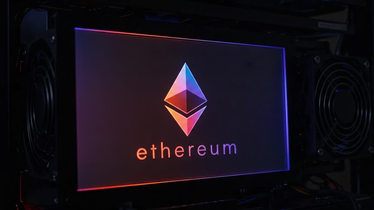 Dynamic Display of Ethereum Logo: A Colorful Visualization in a High-Tech Setting with Contrasting Backgrounds Over Two Frames