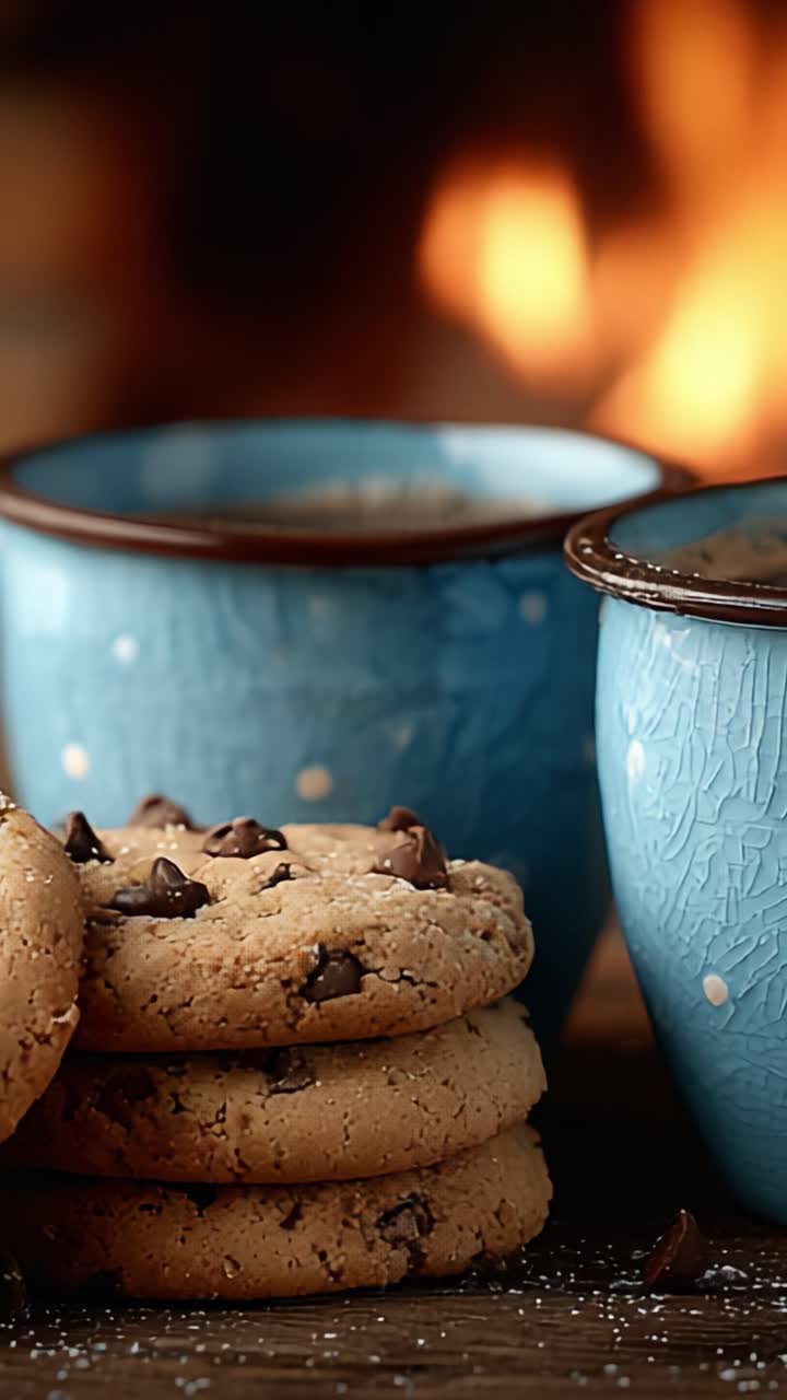 Deliziosi biscotti con gocce di cioccolato serviti con bevande calde accanto al fuoco: un'esperienza culinaria accogliente perfetta per ogni stagione
