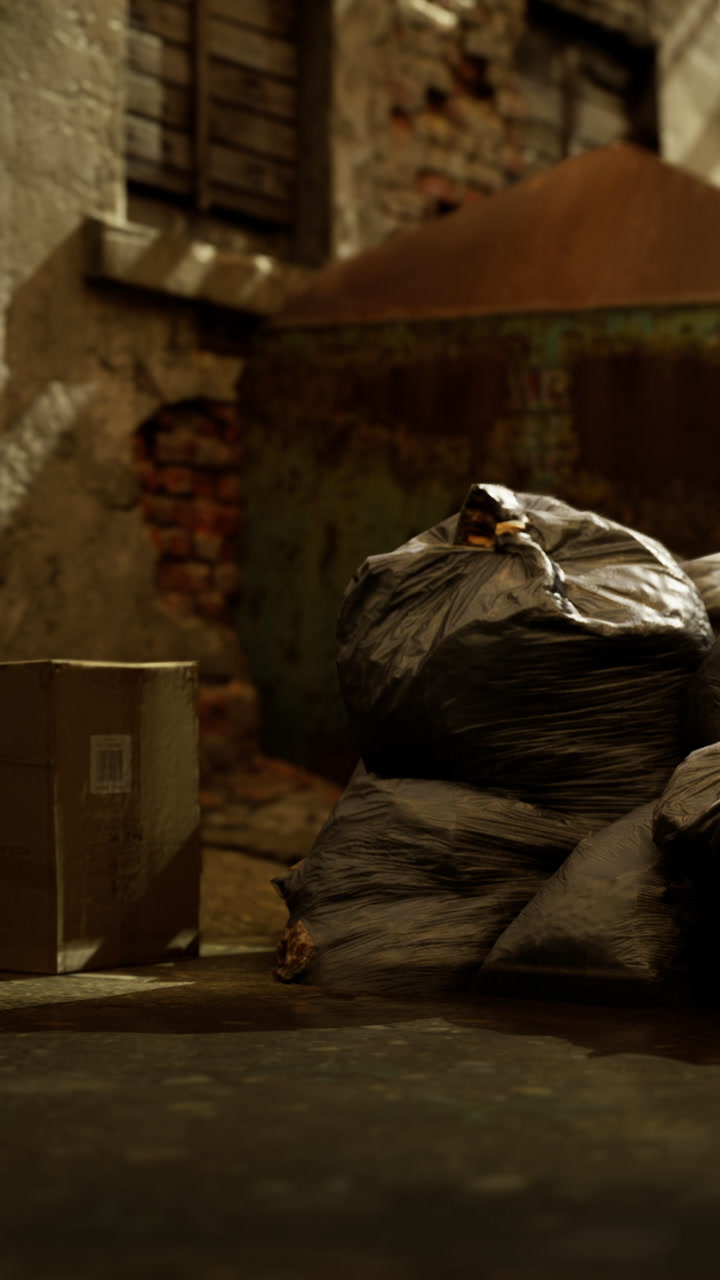 Urban landscape reveals shadows of waste and forgotten corners in late evening