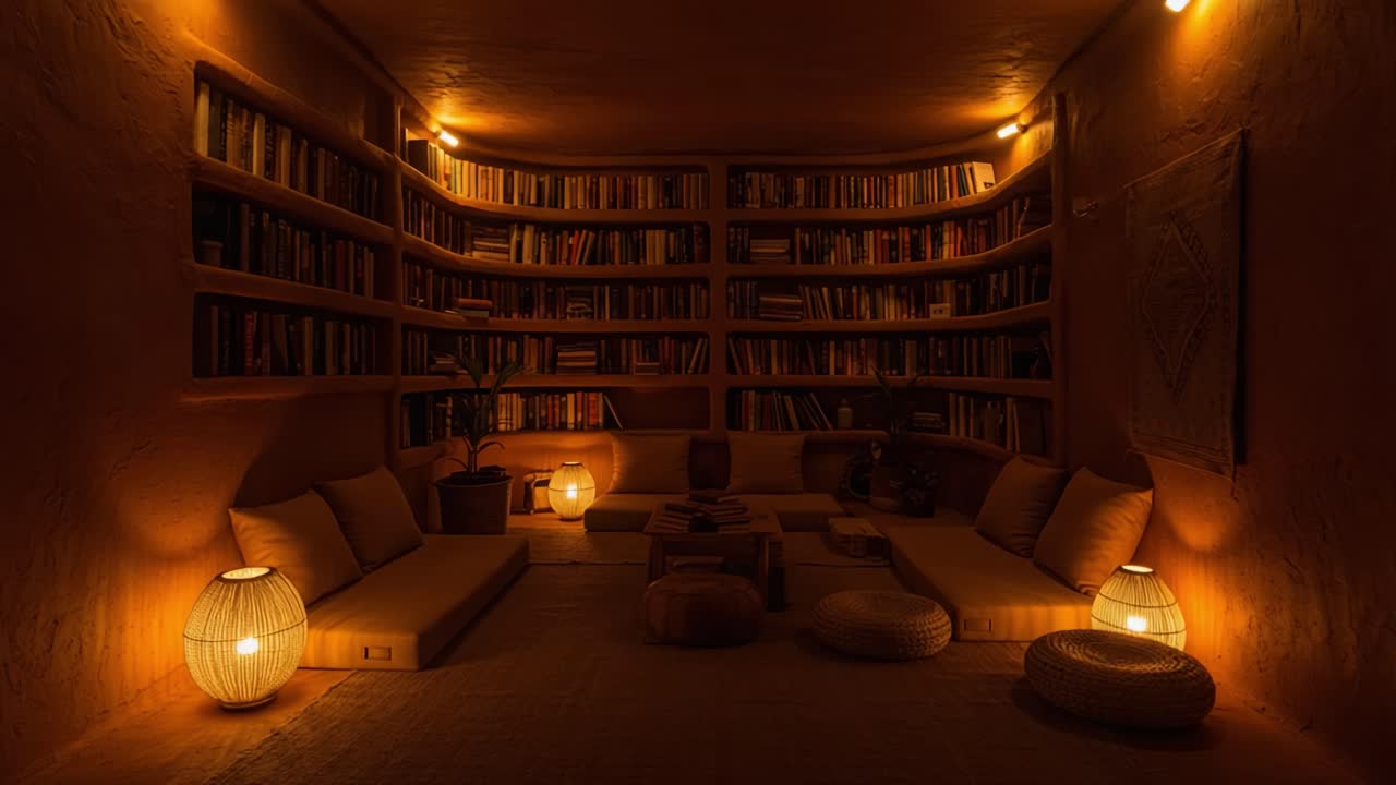 Warm and Inviting Reading Nook with Soft Lighting and Cozy Seating Surrounded by Bookshelves, Creating a Perfect Ambiance for Relaxation and Reflection