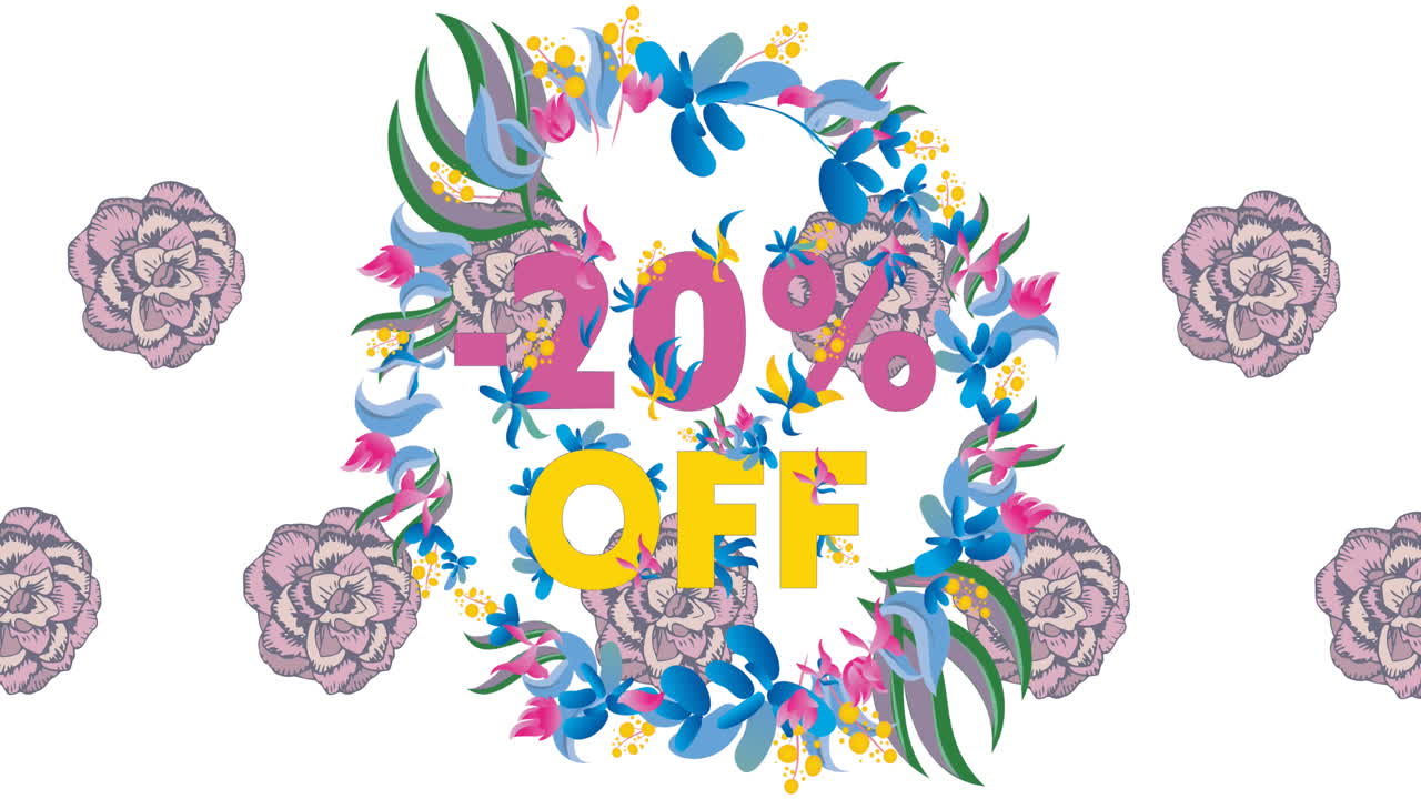 배경 에 있는 꽃 위 에 있는 텍스트 의 20 퍼센트 의 애니메이션