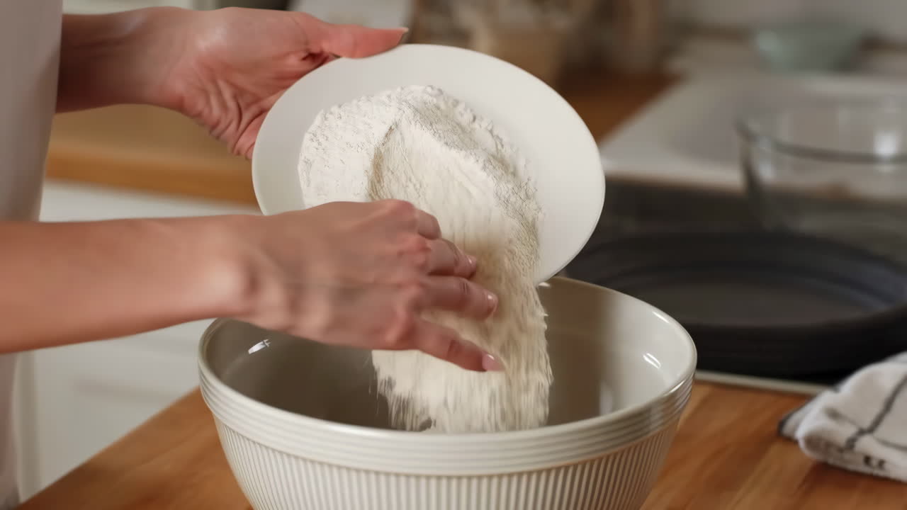 Pouring flour into a mixing bowl during food preparation