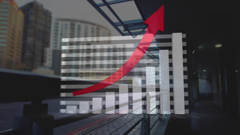 animation of financial data processing with red arrow over train platform