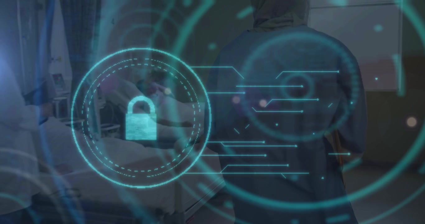 Doctor Attending to Patient in Hospital Room with Digital Security Overlay