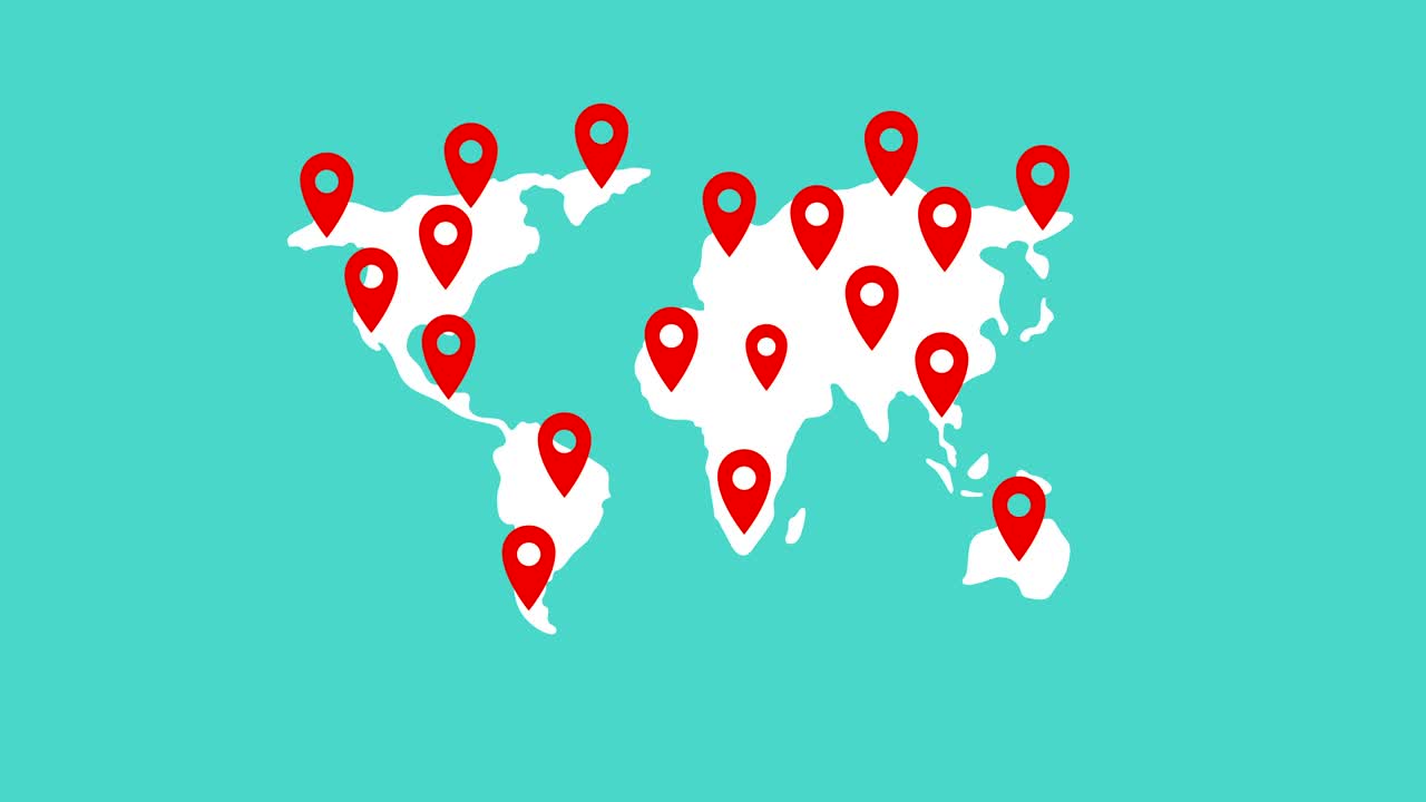 símbolo del puntero del mapa pin completo mapa del mundo en fondo verde, animación en bucle 4k