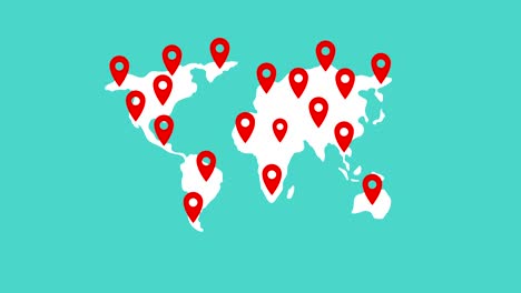 símbolo del puntero del mapa pin completo mapa del mundo en fondo verde, animación en bucle 4k