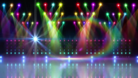 animation of glowing spot lights and blue venue interior background