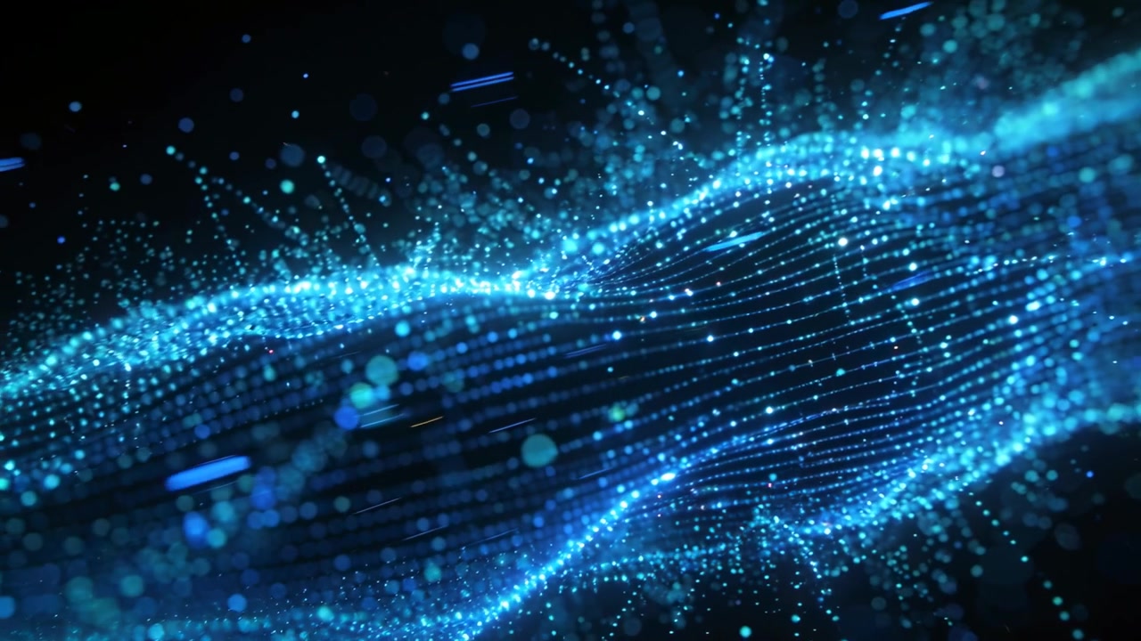 Sequence starting glowing blue particle mesh shifting into wavy ribbon in black space, adding depth