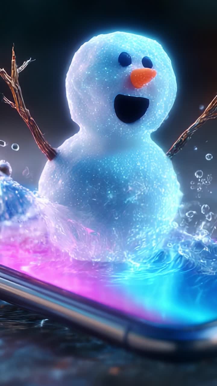 A whimsical snowman joyfully splashes in vibrant water atop a smartphone, capturing a playful and imaginative winter scene that blends technology with holiday spirit and fun