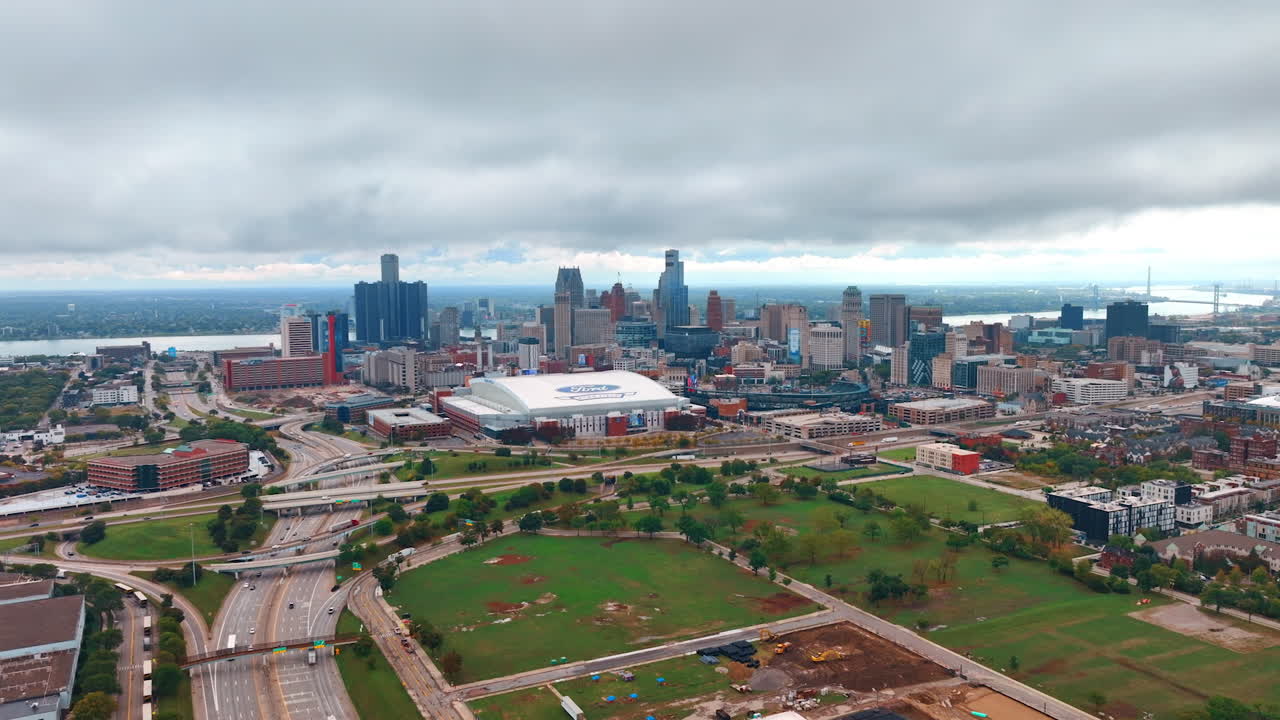 Detroit, USA, 28 July 2025: Detroit skyline with Ford Field stadium. Wide aerial shows Ford Field stadium in front of downtown Detroit