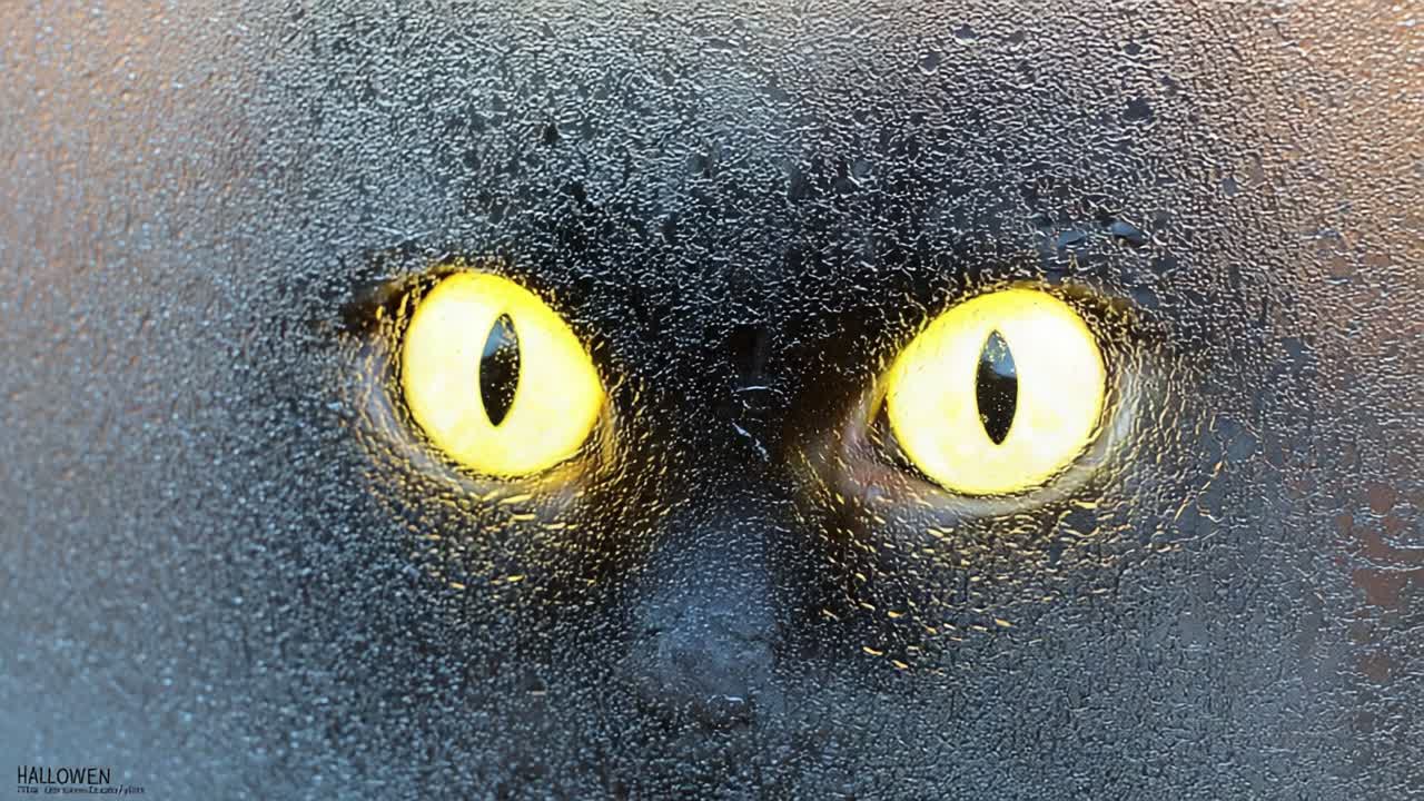 Close up of a black cat's glowing yellow eyes staring intently from the shadows, with pupils dilating and contracting, creating a scary and mysterious mood perfect for Halloween