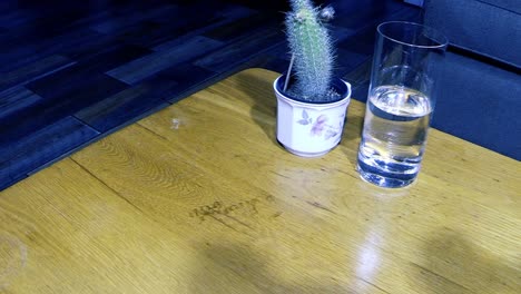 man-with-a-black-glove-picks-up-a-loaded-black-firearm-weapon-laying-on-an-oak-table-next-to-a-plant-and-a-glass-with-liquid