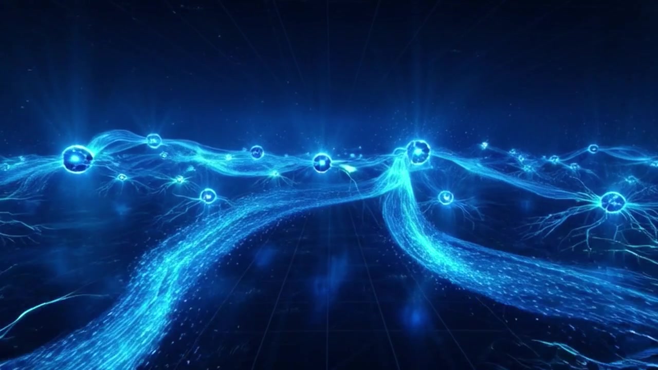 Rete digitale astratta che collega nodi blu luminosi e flussi di dati