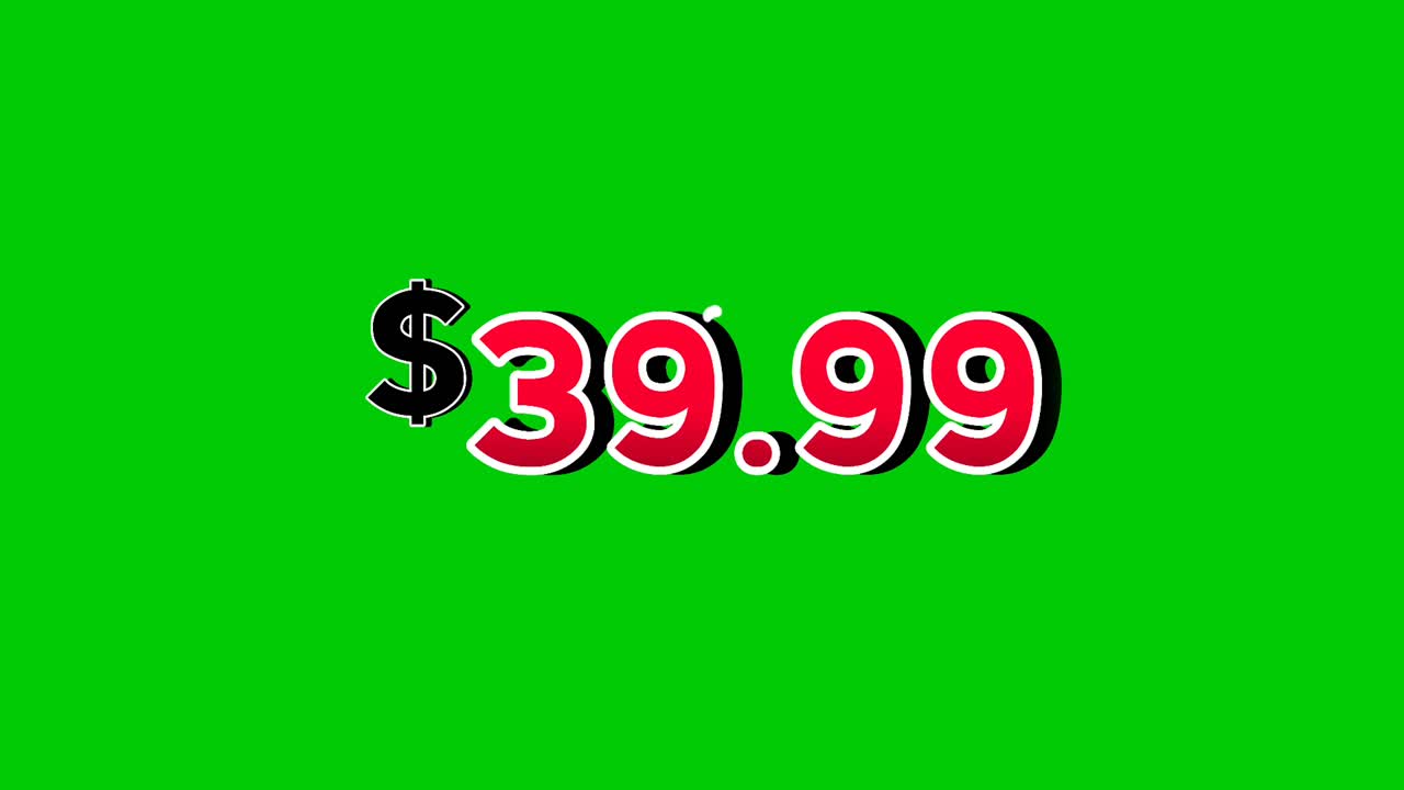Dollars price tag $39.99 animation motion graphics in bold red numbers on green screen background with smoke effects.dollar symbol is displayed prominently perfect promotions, ads, banners, marketing