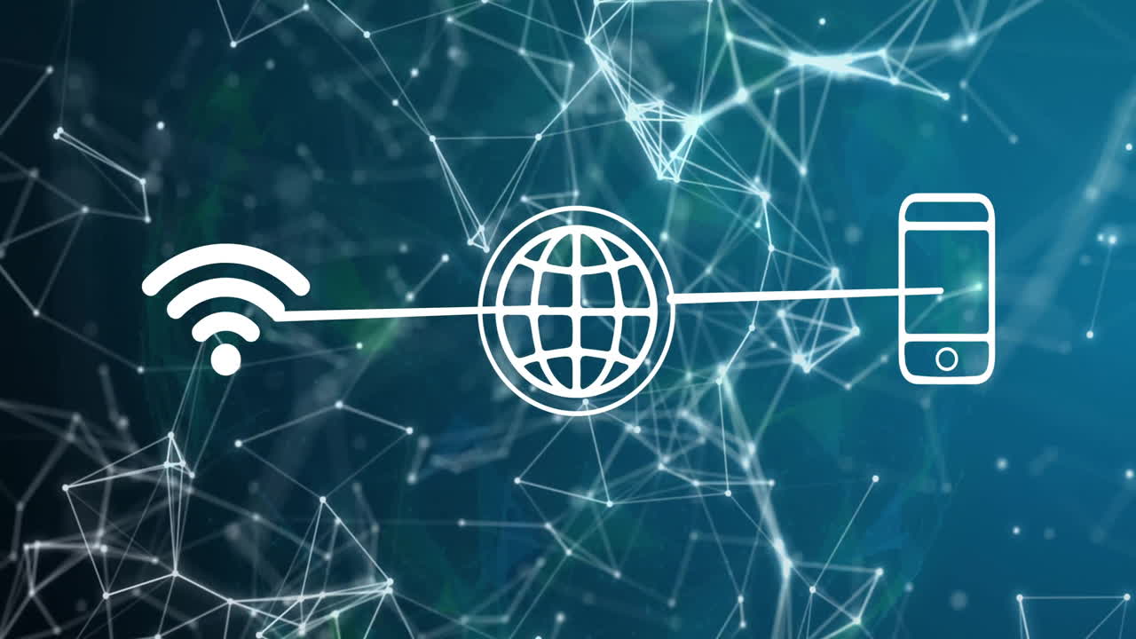 animación de la red de conexiones con iconos sobre fondo azul