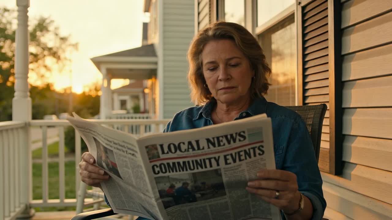 Reading woman in denim shirt and necklace, scanning LOCAL NEWS newspaper on porch as sun lowering