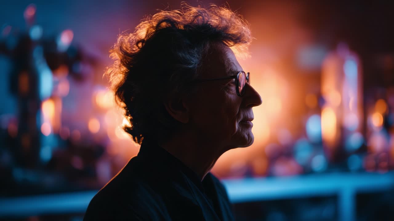 A pensive silhouette of a man with curly hair and glasses, set against a radiant background of soft, glowing lights emanating from blurry laboratory equipment