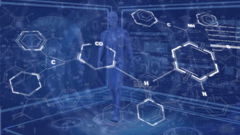 animación de la fórmula química a través de una red de conexiones y procesamiento de datos
