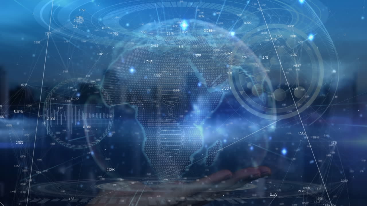 Animation of globe and cityscape over data processing