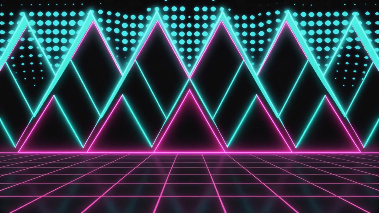 Animazione in stile Synthwave retrò con triangoli al neon e griglia