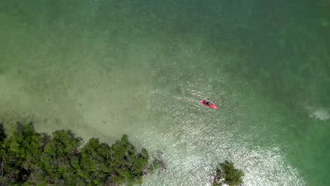 paddle boarder dando la vuelta a una pequeña isla vista aérea de pájaro