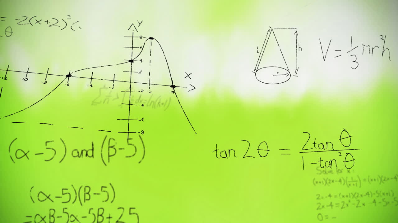 animación de ecuaciones matemáticas y diagramas flotantes contra un fondo de gradiente verde