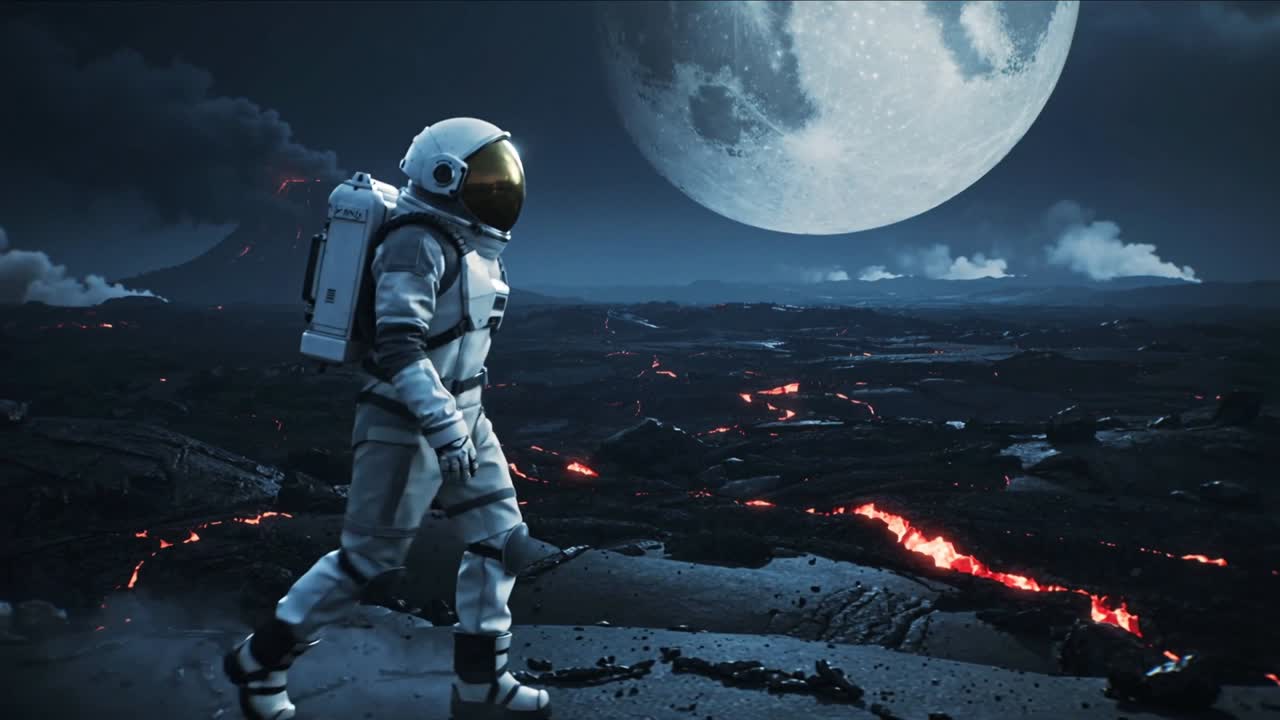 Holder pause og går derefter, iklædt astronautdragt tager langsomme skridt over en vulkansk slette for at undersøge sprækker