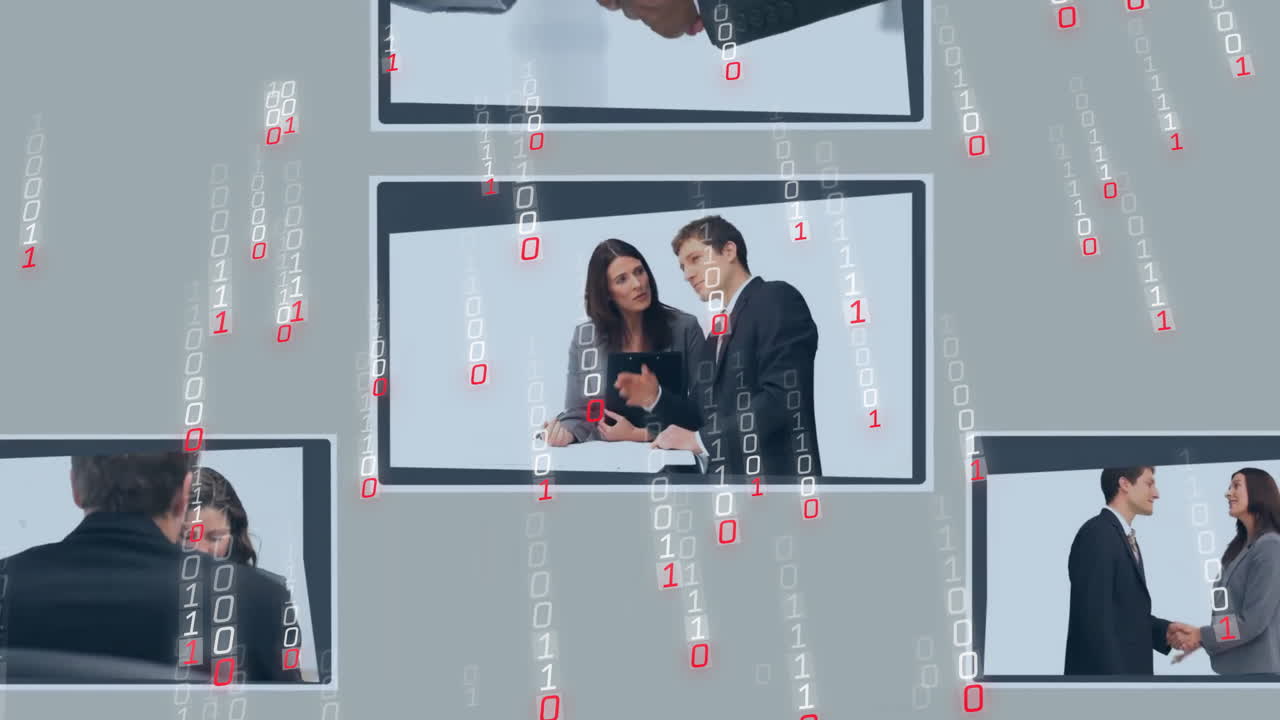 animación de procesamiento de datos de codificación binaria sobre diversas personas de negocios en pantallas