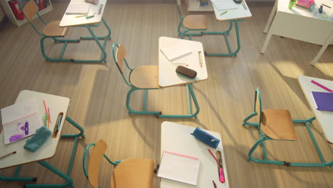 school desks and chairs in classroom. wooden desks with school supplies