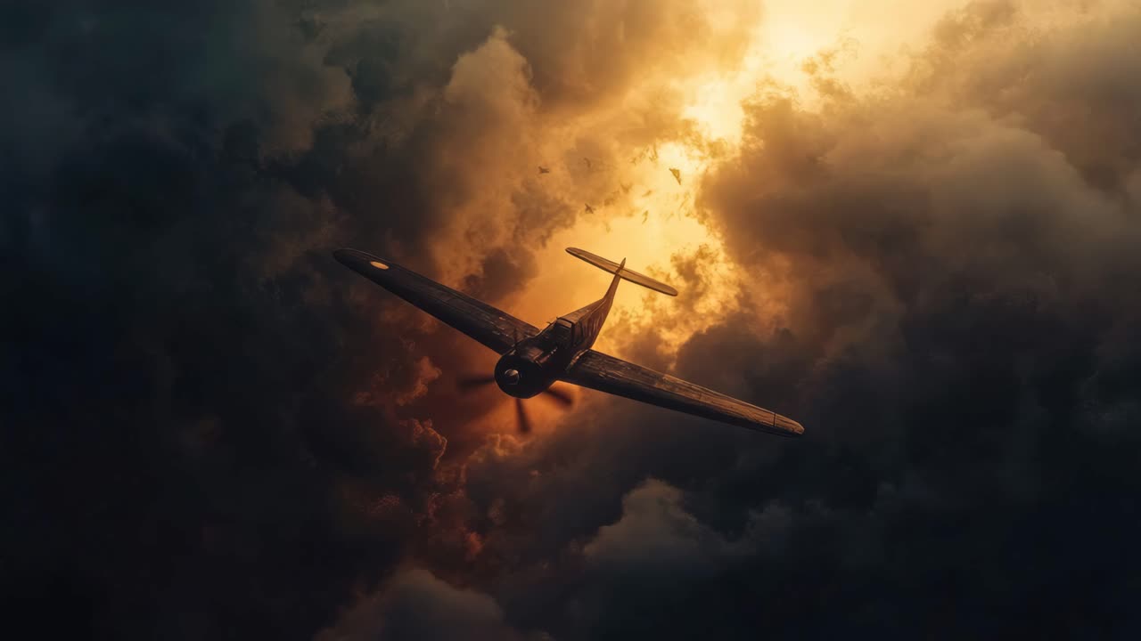 Dramatic aerial video scene of a vintage plane flying through stormy clouds, captured from a rear
