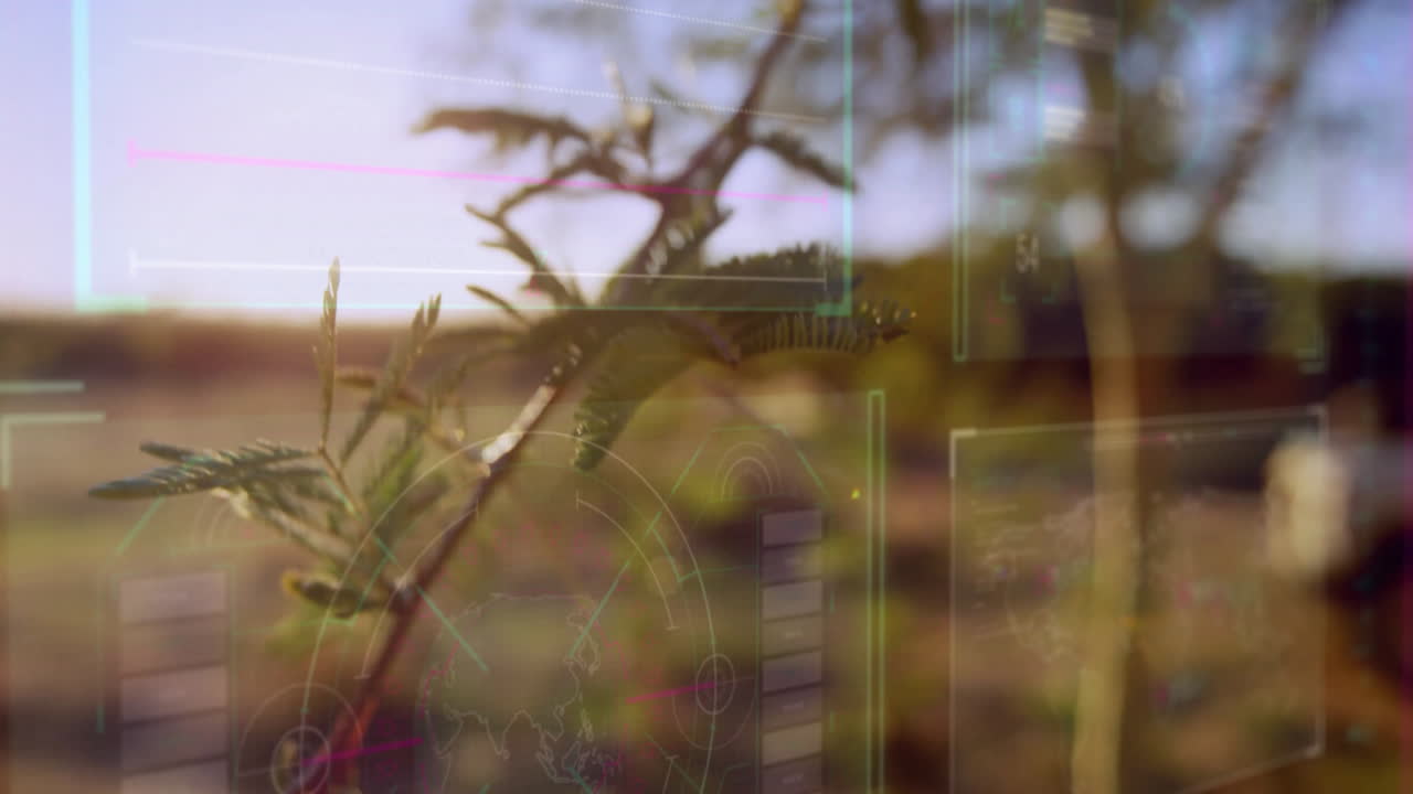 Green leaves with digital data processing animation over blurred natural background