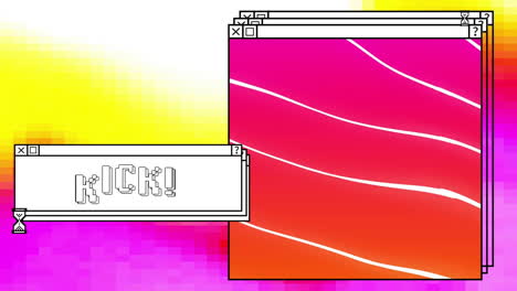 animation of kick text and lines on windows with egg timer over colourful computer desktop