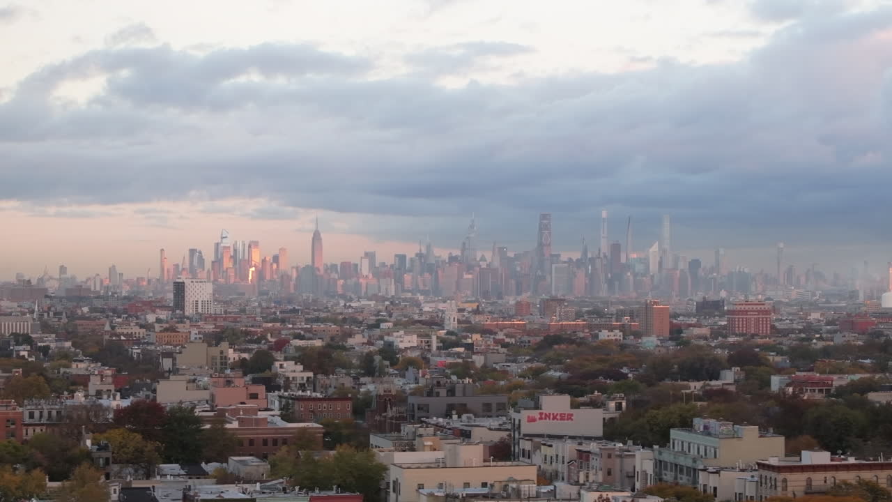Aerial view of the New York City skyline at sunrise