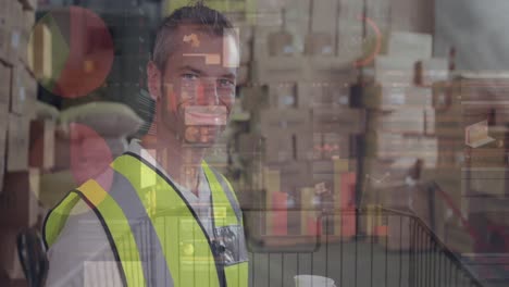 animación del procesamiento de datos sobre un trabajador masculino caucásico en un almacén